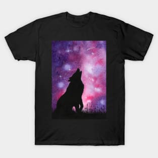 Howling Wolf Galaxy Night Sky Watercolor T-Shirt